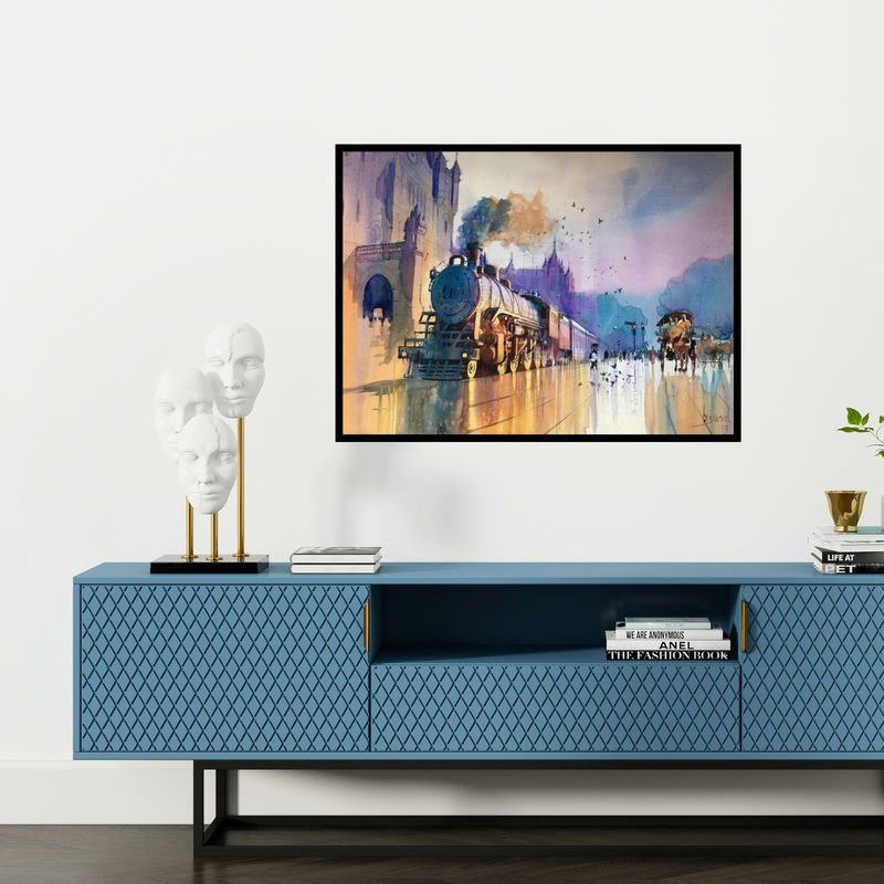 Preview of 'Mumbai Retro' Painting by Bijay Biswaal shown on a wall in a furnished room.