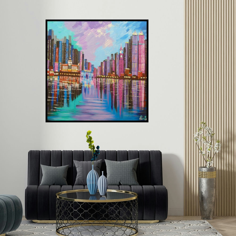 Purnima Gupta's 'Mumbai Skyline (City Lights)' painting visualized above a sofa in a contemporary room.