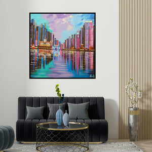 Purnima Gupta's 'Mumbai Skyline (City Lights)' painting visualized above a sofa in a contemporary room.
