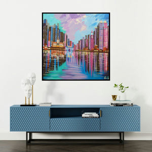 'Mumbai Skyline (City Lights)' painting by Purnima Gupta shown on a wall in a furnished room.