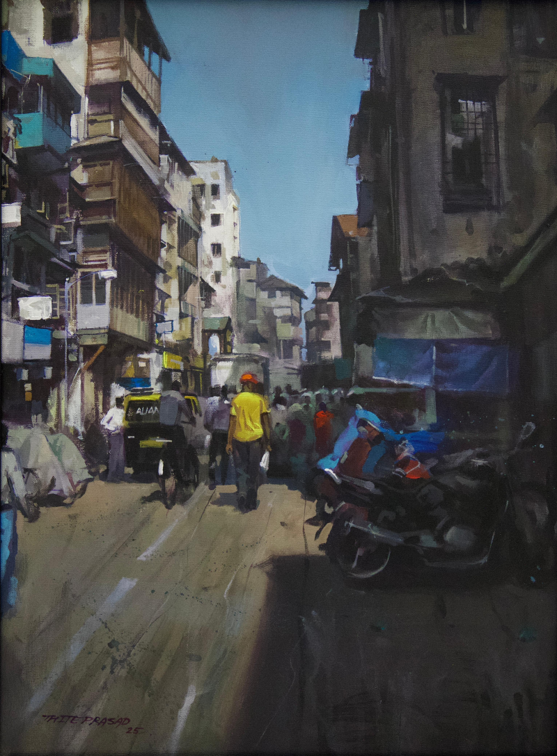 Mumbai Street 2' cityscape acrylic painting by artist Prasad Thite, 27x20 inch, on canvas