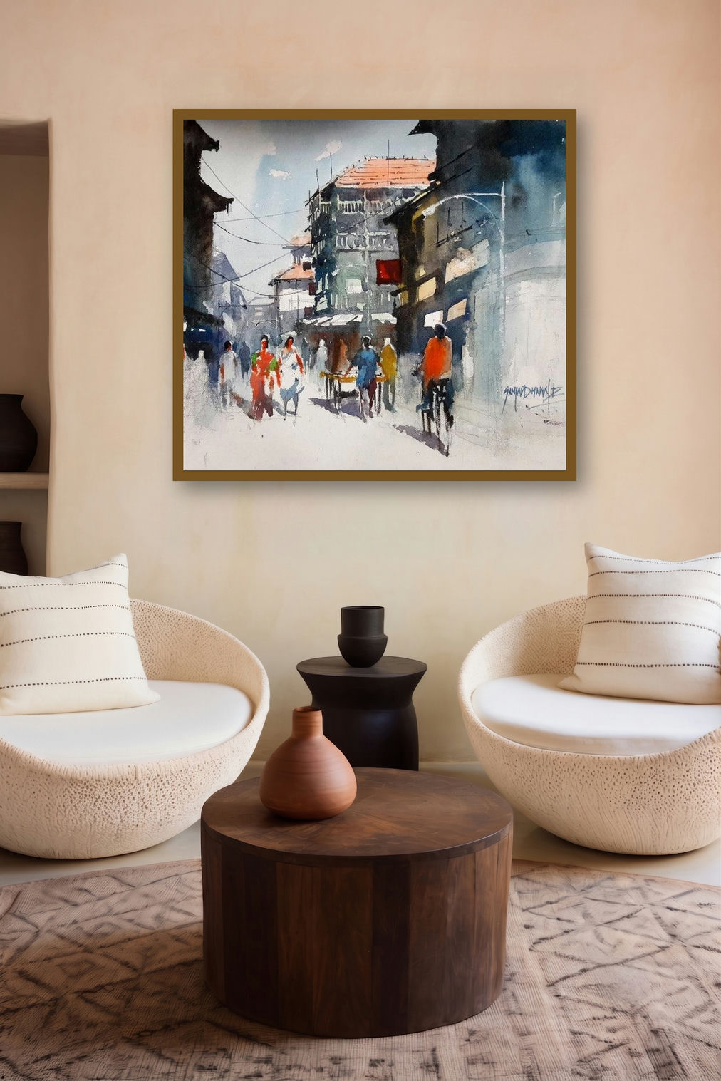 Mumbai Stret (Mumbai Street Scene) by artist Sanjay Dhawale displayed in a Minimalist gallery