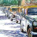 Cityscape watercolor painting titled 'Mumbaitaxi', 17x14 inches, by artist Chetan Agrawal on Handmade Paper