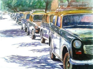 Mumbaitaxi (Mumbais Iconic Ride) by Chetan Agrawal, Original Watercolor Cityscape Painting on Handmade Paper, Small Horizontal Wall Art