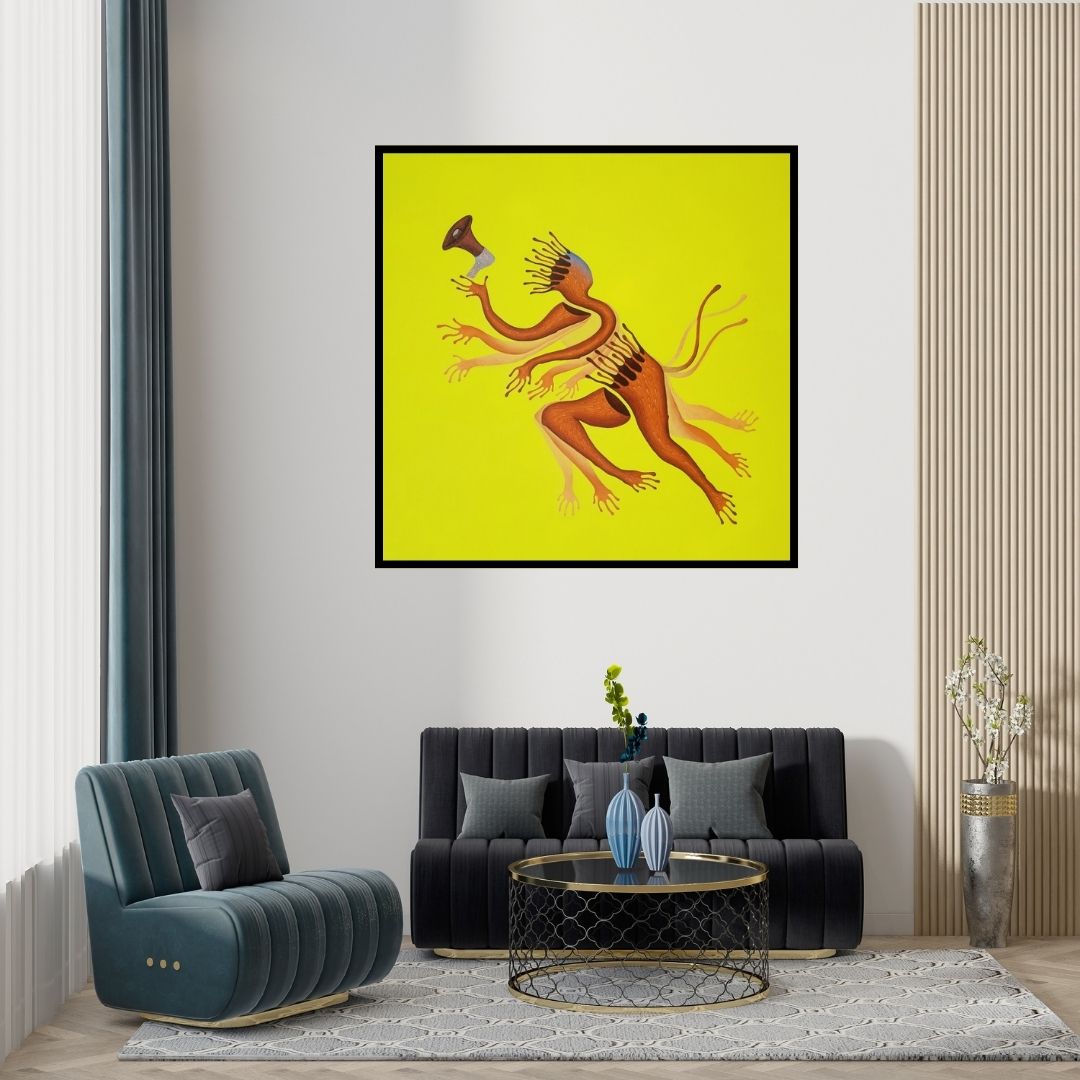 Preview of 'Munadi (Untitled)' Painting by Nitesh Panchal shown on a wall in a furnished room.