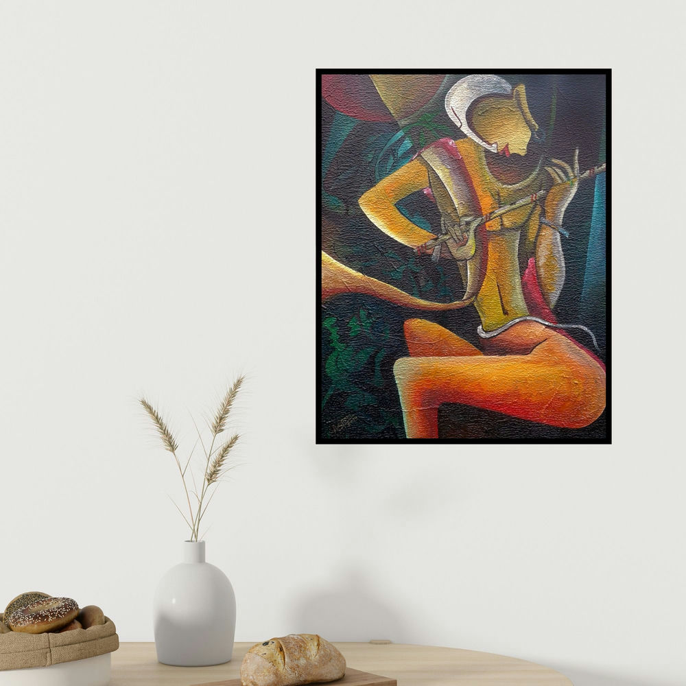 Anupam Pal's 'Muralidhar One Who Holds Th' painting visualized above a sofa in a contemporary room.