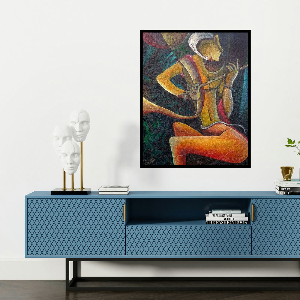 'Muralidhar One Who Holds Th' painting by Anupam Pal shown on a wall in a furnished room.