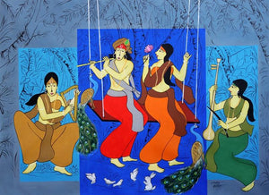 Murari (Musical Interlude) by Chetan Katigar, Original Acrylic Religious Painting on Canvas, Large Horizontal Wall Art