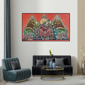 Jitendra Dangi's 'Murli Manohar (Krishna, the Divine Musician)' painting visualized above a sofa in a contemporary room.