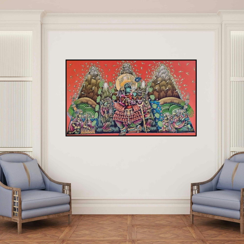 'Murli Manohar (Krishna, the Divine Musician)' painting by Jitendra Dangi shown on a wall in a furnished room.