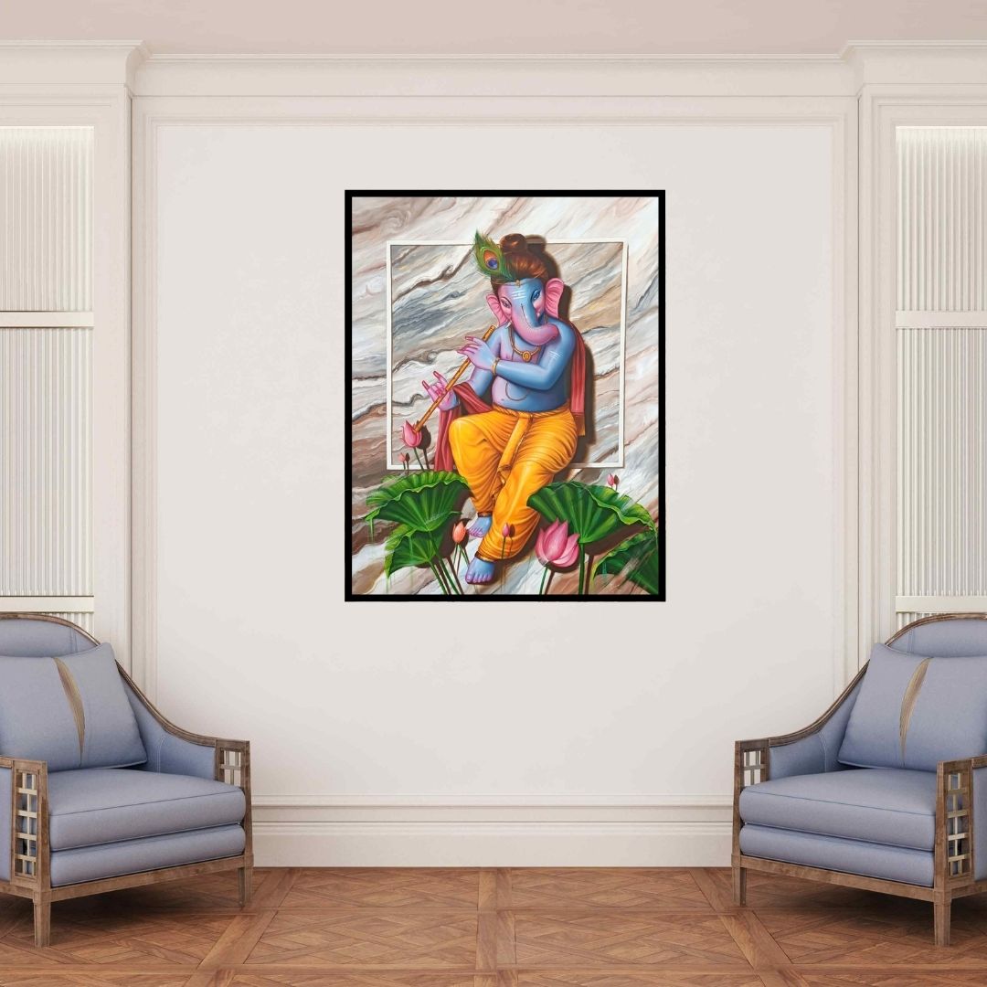 In-situ view of Pradeep Kumar's 'Murli Wala Ganesha (Lord Divine Melody)' painting in a room