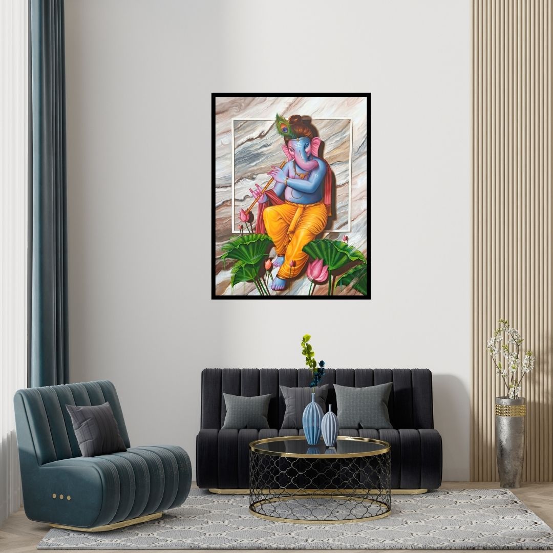 Preview of 'Murli Wala Ganesha (Lord Divine Melody)' Painting by Pradeep Kumar shown on a wall in a furnished room.