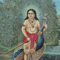 Muruga by Raja Ravi Varma, Original Oleograph Religious Painting on Paper, Medium Vertical Wall Art