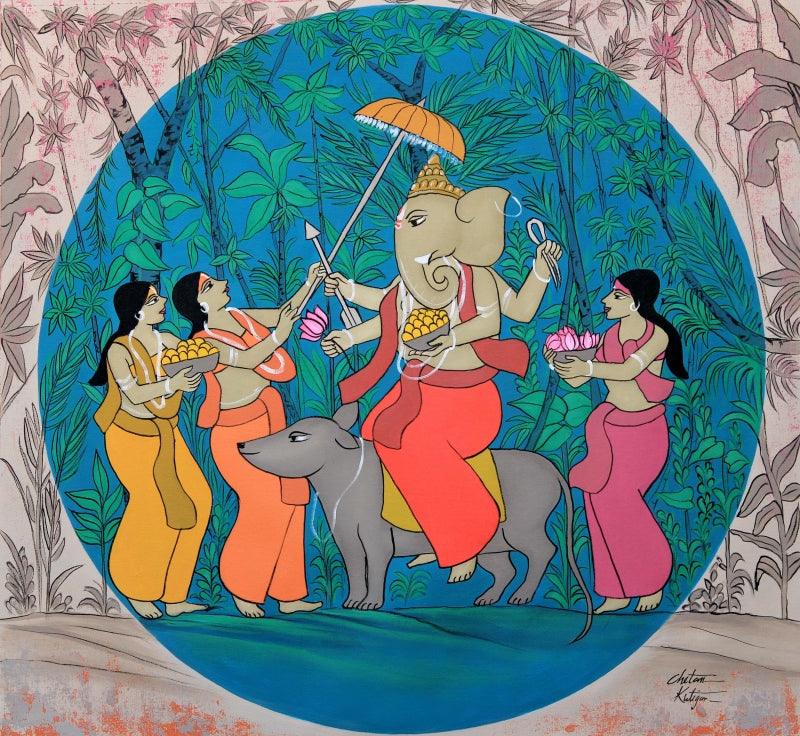 Religious acrylic painting titled 'Mushak Sawari', 33x34 inches, by artist Chetan Katigar on Canvas