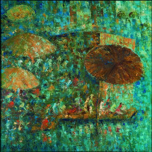 Mushroomed Umbrella (Aquatic Symphony) by Upendra Nayak, Original Oil Impressionist Painting on Canvas, Small Square Wall Art