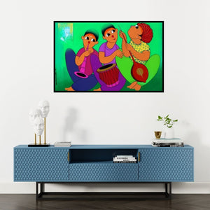 Preview of 'Music 2' Painting by Dnyaneshwar Bembade shown on a wall in a furnished room.