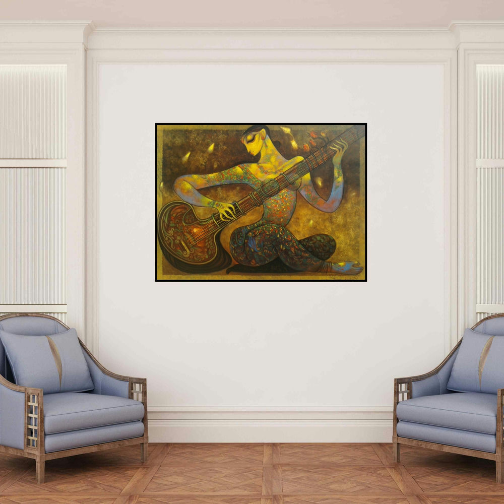 'Music' painting by Ramesh Gujar shown on a wall in a furnished room.