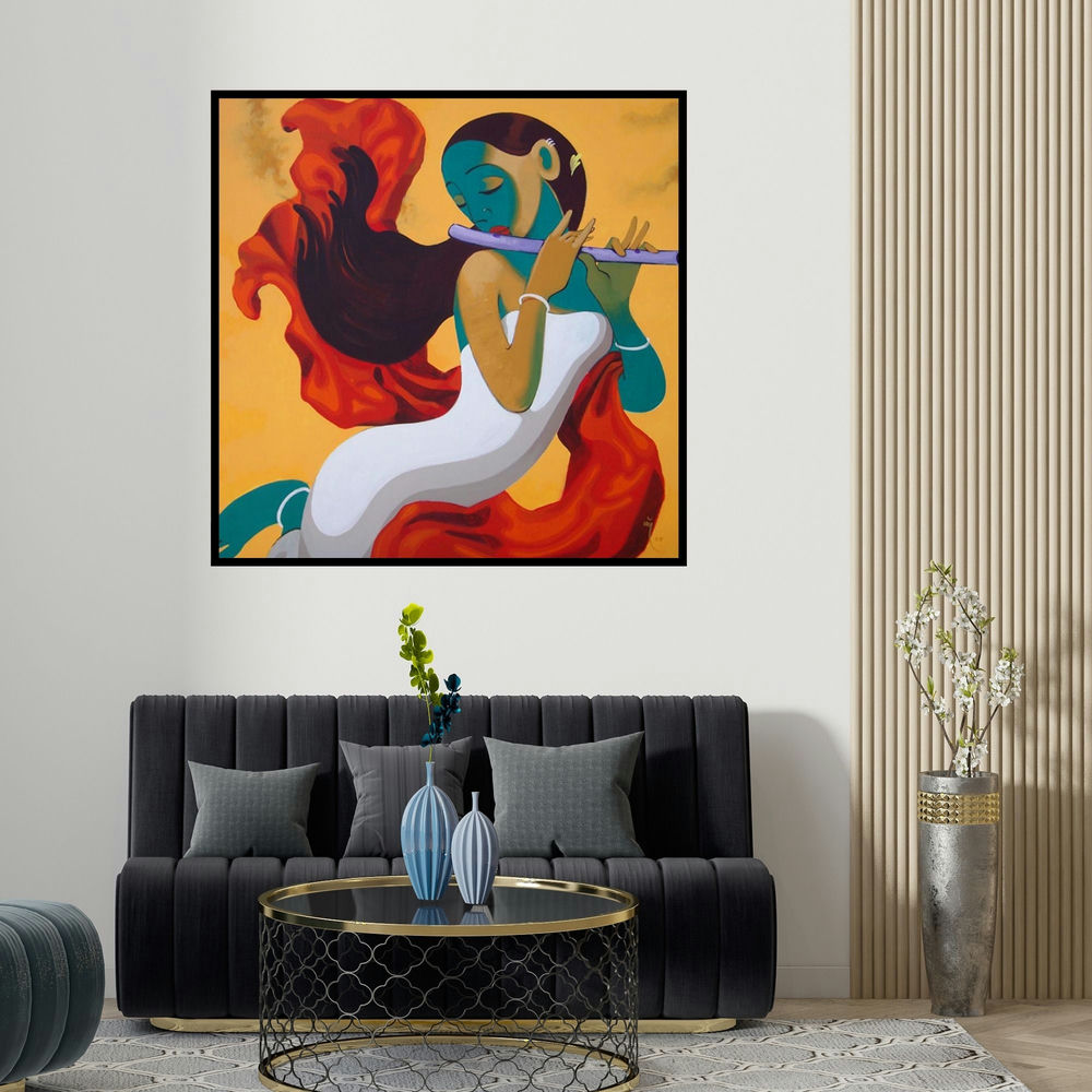 Prakash Pore's 'Music 6 (Melodys Embrace)' painting visualized above a sofa in a contemporary room.