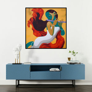 'Music 6 (Melodys Embrace)' painting by Prakash Pore shown on a wall in a furnished room.