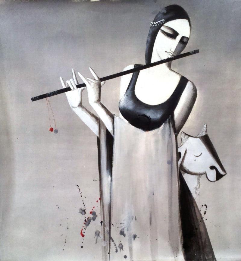 Figurative acrylic painting titled 'Music', 33x33 inches, by artist Kamal Nath on Canvas