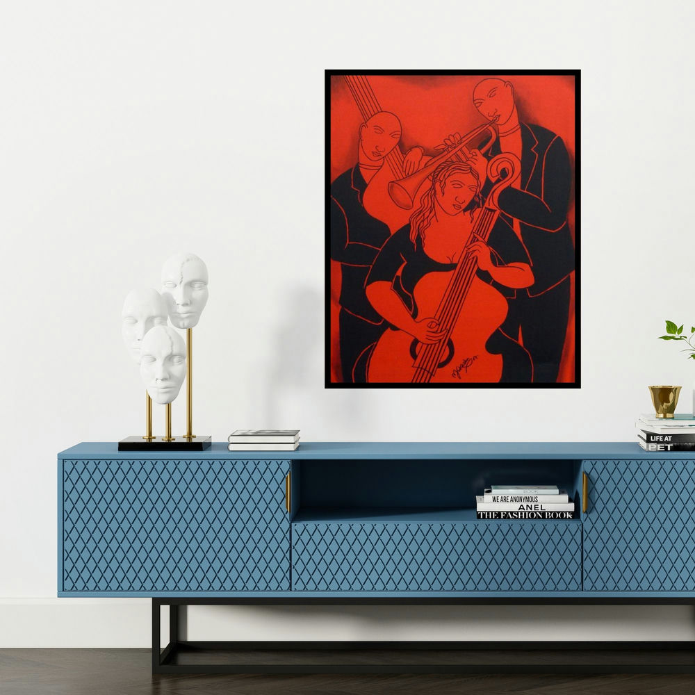 'Music Company' painting by Mukesh shown on a wall in a furnished room.