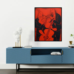 'Music Company' painting by Mukesh shown on a wall in a furnished room.