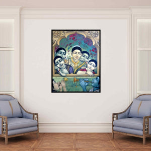 In-situ view of Apet Pramod's 'Music Competition' painting in a room