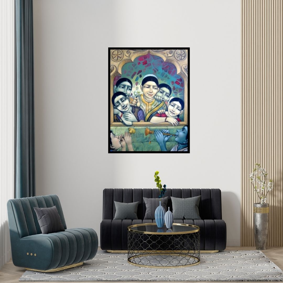 Preview of 'Music Competition' Painting by Apet Pramod shown on a wall in a furnished room.