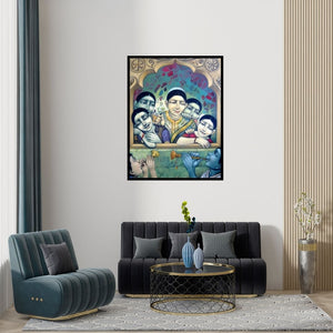 Preview of 'Music Competition' Painting by Apet Pramod shown on a wall in a furnished room.