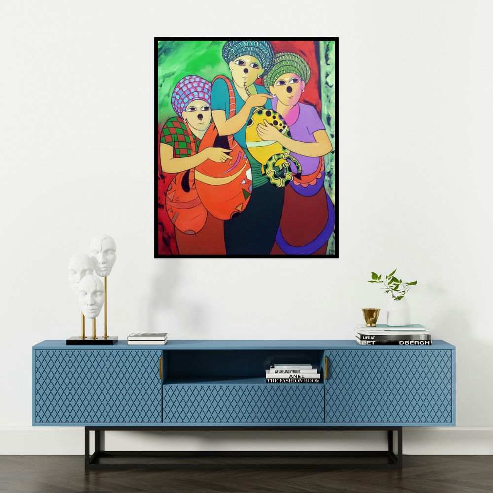 Dnyaneshwar Bembade's 'Music I (Earthen Treasures)' painting visualized above a sofa in a contemporary room.