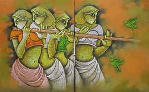 Music Iii (Melodic Muse) by Satyajeet Shinde, Original Acrylic Figurative Painting on Canvas, Large Horizontal Wall Art