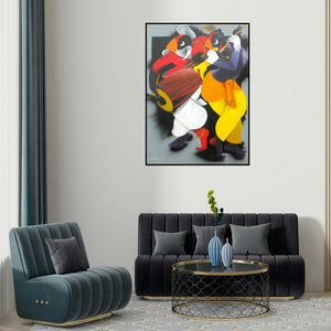 Uttam Manna's 'Music Maker' painting visualized above a sofa in a contemporary room.