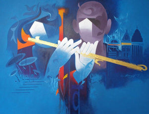 Music Of Banaras 2 (Echoes of the Sacred) by Ranjit Singh, Original Acrylic Figurative Painting on Canvas, Large Horizontal Wall Art