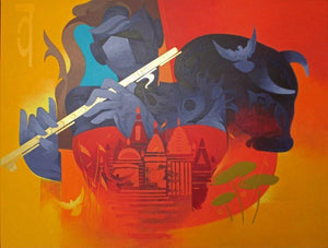 Music Of Banaras 3 (Parallel Narratives) by Ranjit Singh, Original Acrylic Figurative Painting on Canvas, Large Horizontal Wall Art