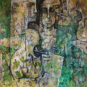 Music Of Silence 1 (Silent Harmony) by Rupchand Kundu, Original Acrylic Figurative Painting on Canvas, Medium Square Wall Art
