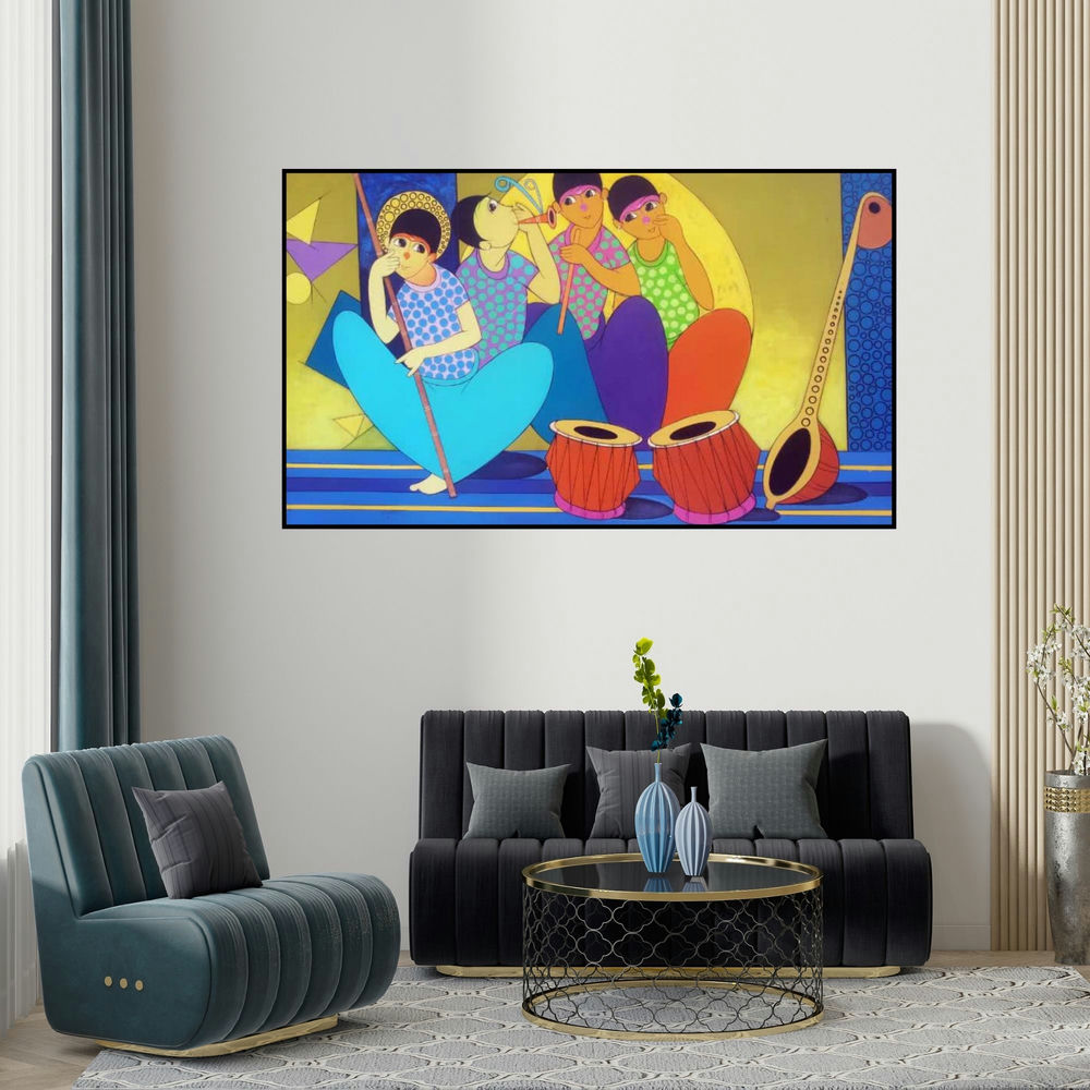 Dnyaneshwar Bembade's 'The Music Party' painting visualized above a sofa in a contemporary room.