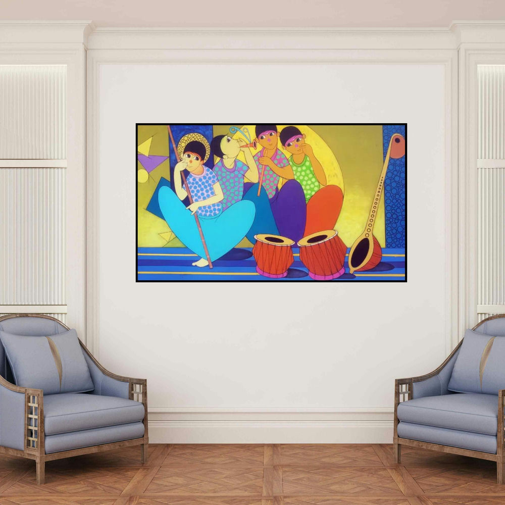 'The Music Party' painting by Dnyaneshwar Bembade shown on a wall in a furnished room.