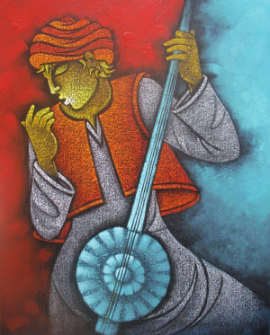Music V (Rhythmic Reverie) by Satyajeet Shinde, Original Acrylic Figurative Painting on Canvas, Medium Vertical Wall Art