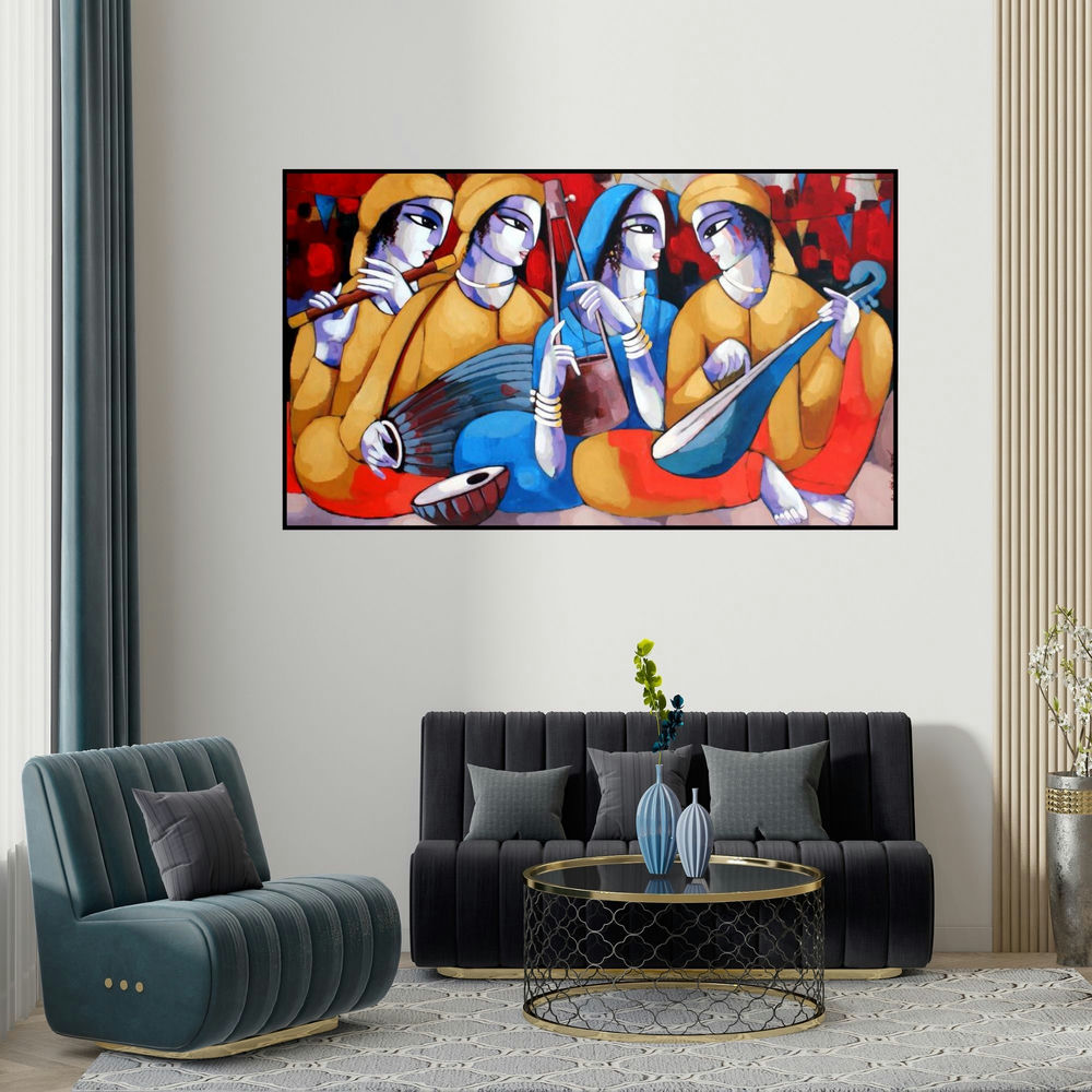 Sekhar Roy's 'Music Vi' painting visualized above a sofa in a contemporary room.