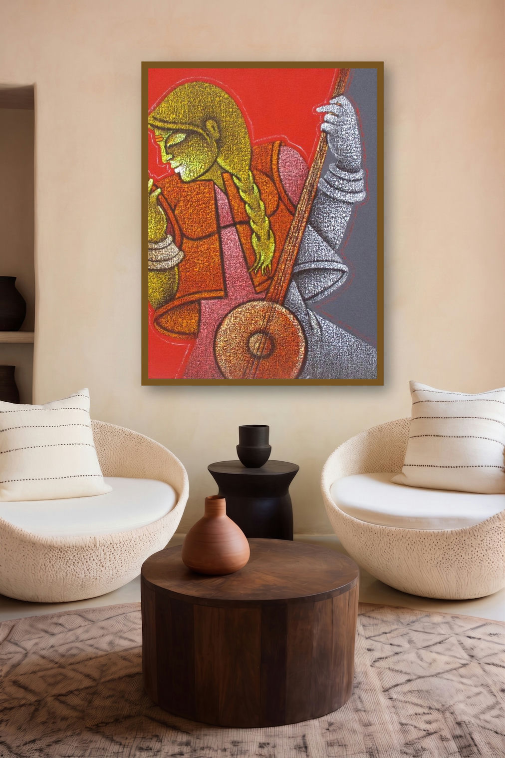 Music Vii (Crimson Harmony) by artist Satyajeet Shinde displayed in a Minimalist gallery