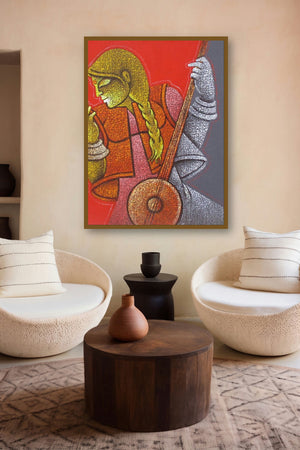 Music Vii (Crimson Harmony) by artist Satyajeet Shinde displayed in a Minimalist gallery