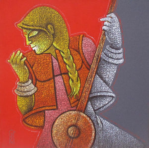 Music Vii (Crimson Harmony) by Satyajeet Shinde, Original Acrylic Figurative Painting on Canvas, Small Square Wall Art
