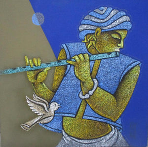 Music Viii (Symphony of Sounds) by Satyajeet Shinde, Original Acrylic Figurative Painting on Canvas, Small Square Wall Art