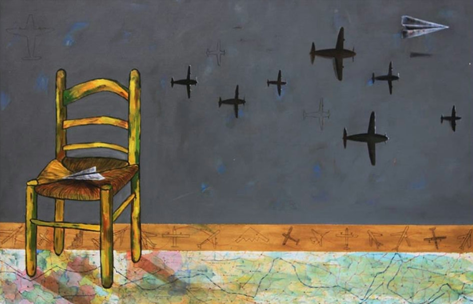 Musical Chairs' contemporary acrylic painting by artist Isha Bawiskar, 36x48 inch, on canvas