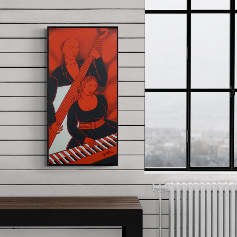 Preview of 'Musical Couple' Painting by Mukesh shown on a wall in a furnished room.