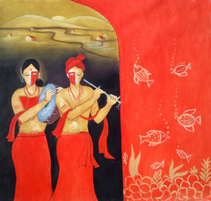 In-situ view of Chetan Katigar's 'Musical Couple' painting in a room
