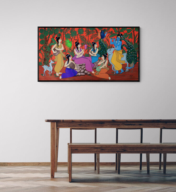 In-situ view of Chetan Katigar's 'Musical Delusion (Krishna's Divine Ensemble)' painting in a room