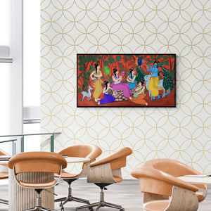 Chetan Katigar's painting 'Musical Delusion (Krishna's Divine Ensemble)' displayed in a modern living room setting