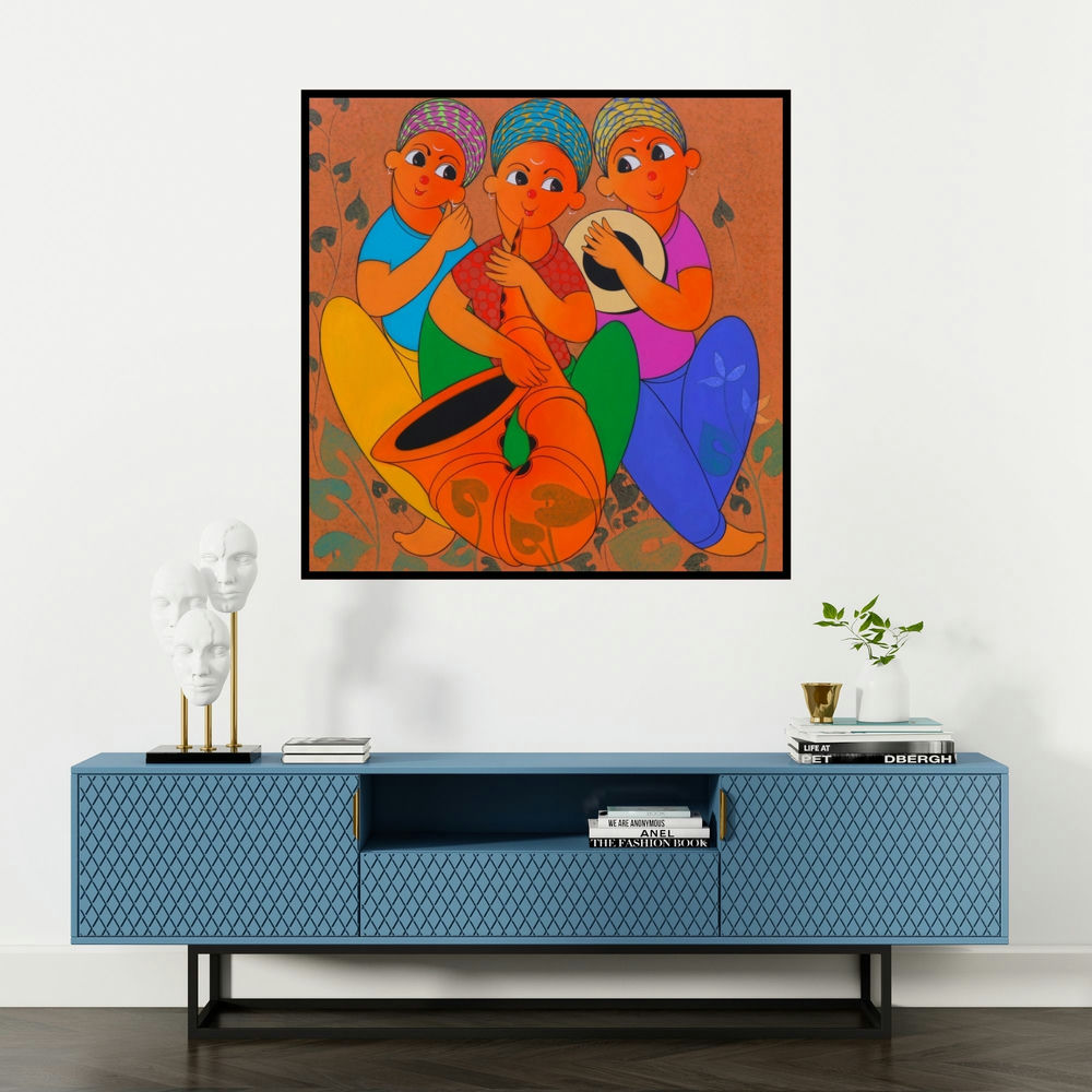 'Musical Enjoy 1' painting by Dnyaneshwar Bembade shown on a wall in a furnished room.
