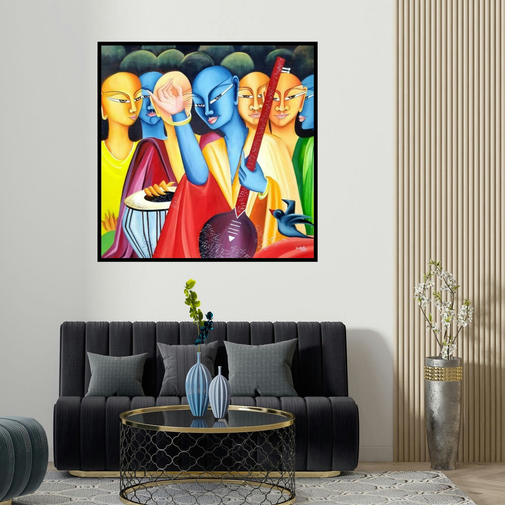 Deepali Mundra's 'Musical Ensemble' painting visualized above a sofa in a contemporary room.